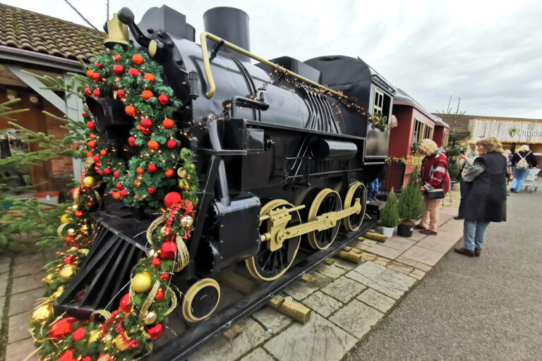 A black steam train decorated for Christmas at the front of the Otter Garden Centres.